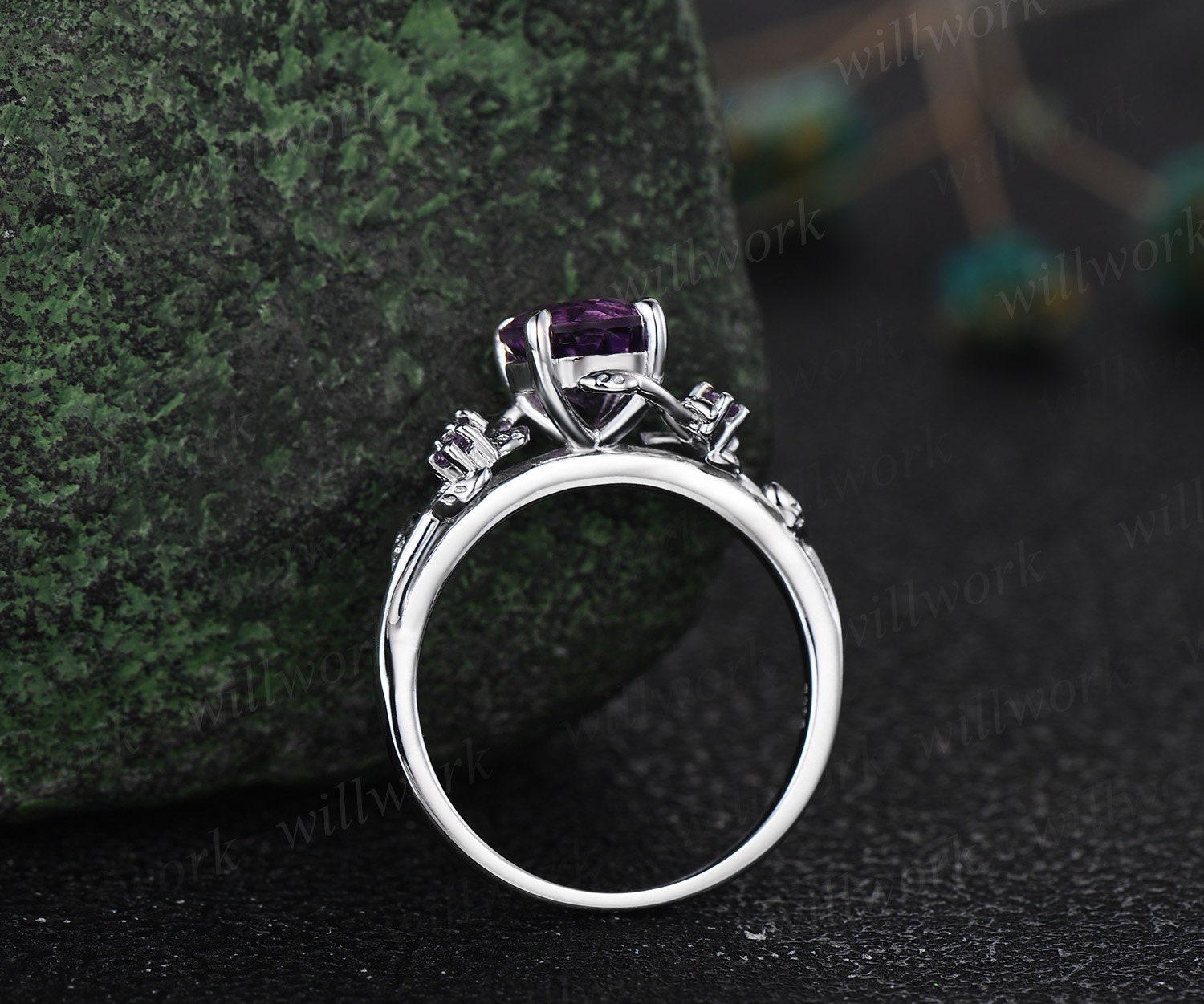 半額ストア Vintage 14k leaf ring engagement amethyst purple round 1ct 指輪・リング