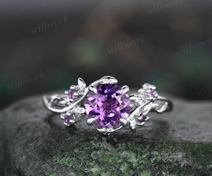Vintage 1ct round purple amethyst engagement ring leaf 14k white gold ring branch twig nature inspired five stone bridal wedding ring women