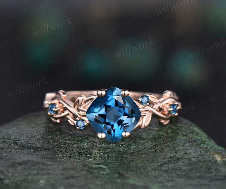 Twig cushion cut London blue topaz engagement ring 14k white gold leaf topaz ring December birthstone ring anniversary ring for women gift