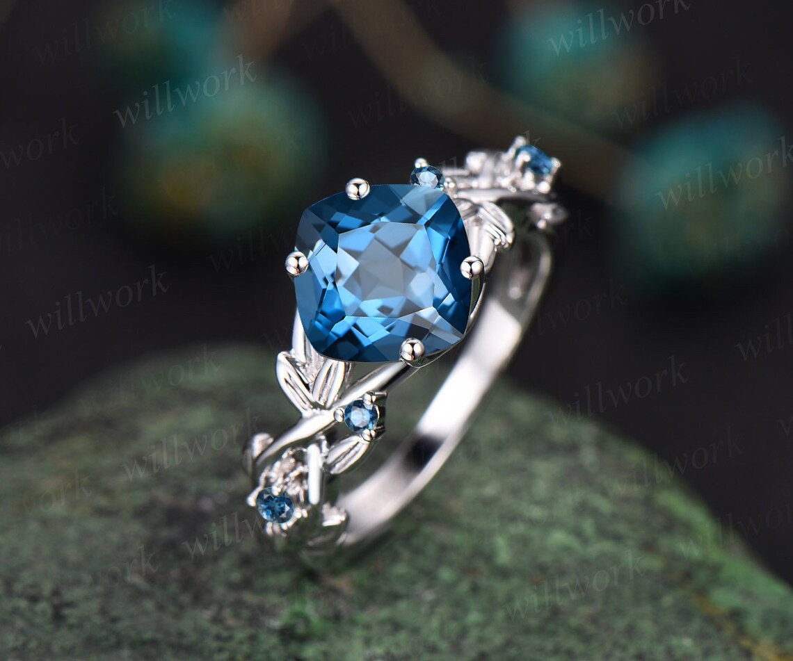 Cushion-Cut Blue Topaz & Diamond Halo Ring in Sterling Silver
