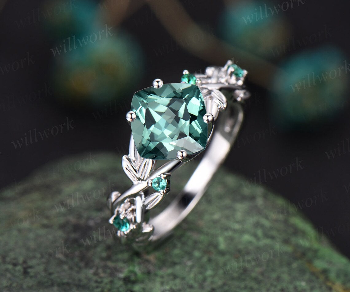 Leaf Ring With Emerald In Silver, Green Stone Leaf Ring | Benati