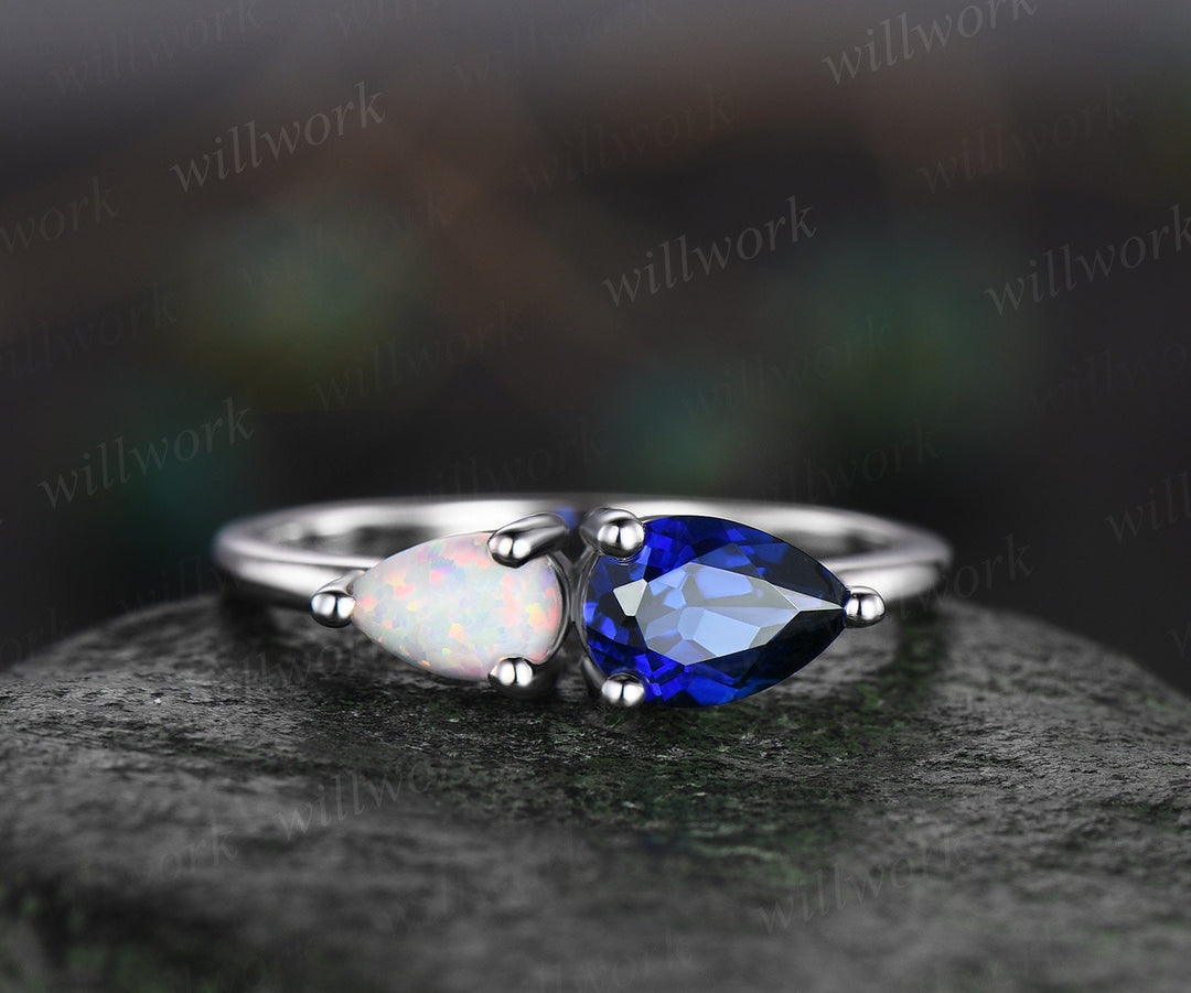 Two stone pear sapphire ring white gold white opal ring vintage Minimalist unique engagement ring dainty gemstone anniversary ring women