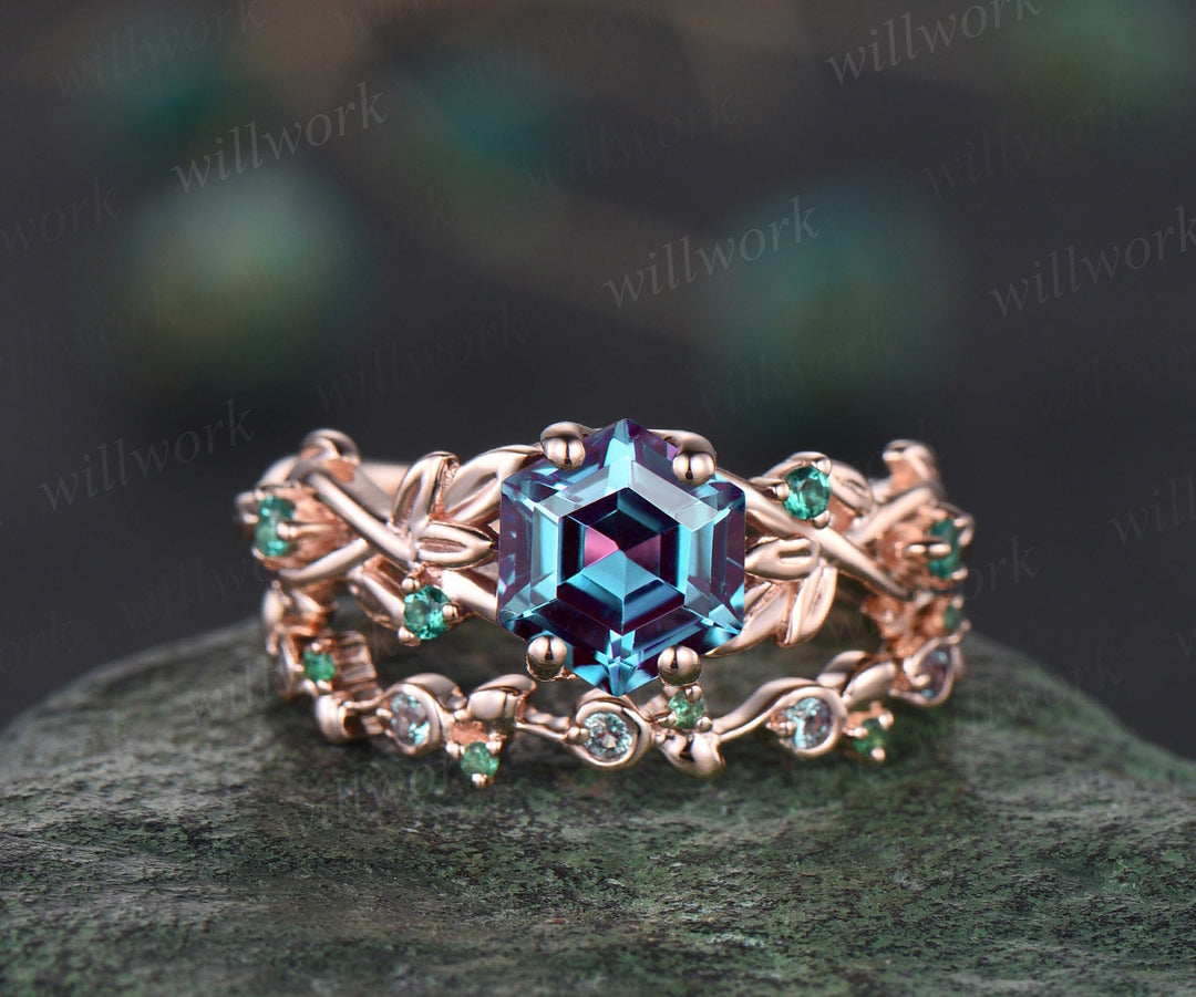 Hexagon alexandrite ring vintage white gold emerald ring women cluster unique twig leaf engagement ring gemstone bridal wedding ring set