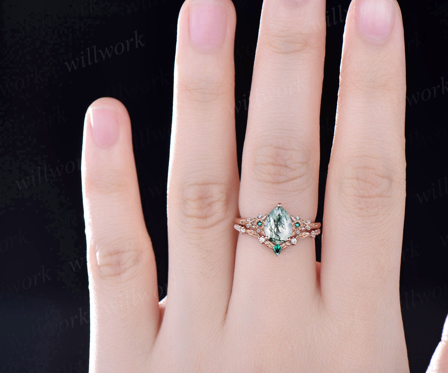 Pear moss agate ring vintage moss outlet agate engagement ring 7 stone moissanite ring rose gold for women art deco dainty jewelry bridal ring gift