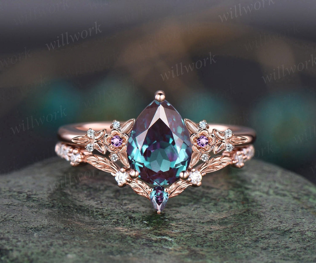 Vintage pear alexandrite engagement ring rose gold leaf flower amethyst ring women unique cluster diamond bridal wedding ring set gift