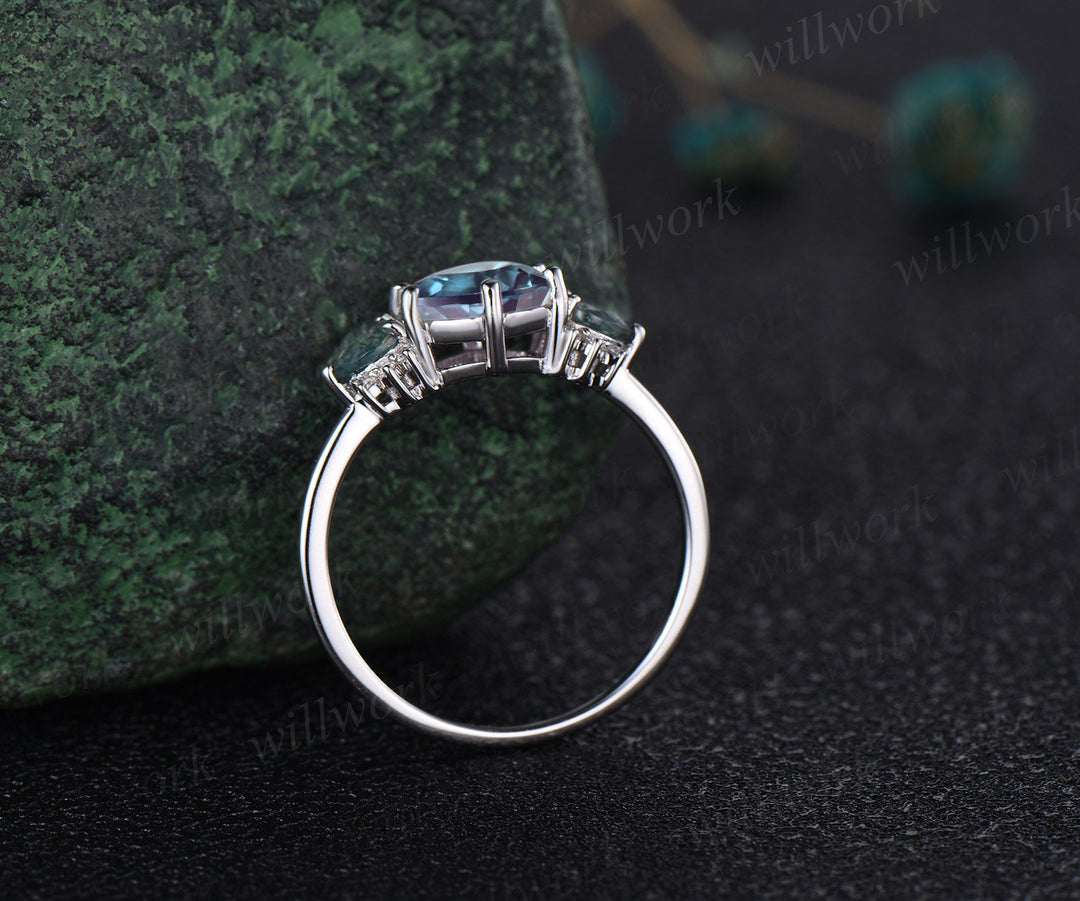 Hexagon Alexandrite ring white gold pear moss agate ring 6 prong cluster diamond ring unique engagement ring women anniversary ring gift