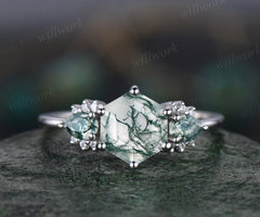 Hexagon pear green moss agate engagement ring solid 14k white gold Personalized retro cluster moissanite wedding bridal ring women