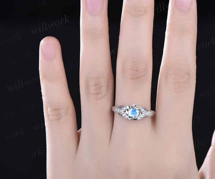 Round moonstone ring vintage rose gold butterfly floral engagement ring retro opal moissanite ring unique bridal wedding ring women gift