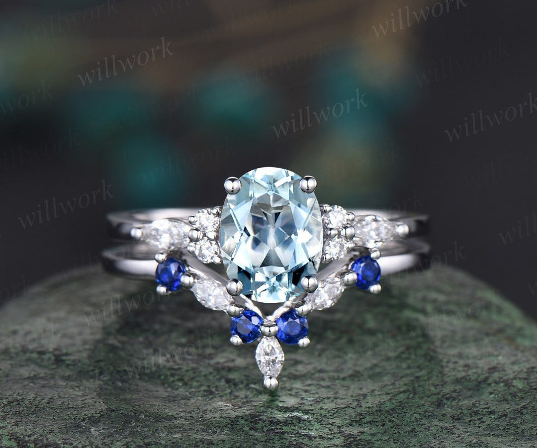 Oval Aquamarine ring vintage natural sapphire ring solid 14k white gold marquise moissanite ring unique engagement ring bridal set women