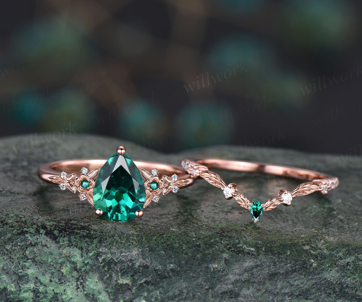 Pear Emerald Ring Set Rose Gold Lab Created Emerald Wedding Ring Set Bridal Sets Green Gemstone Engagement Ring Set May Birthstone Women outlet