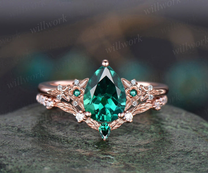 Vintage pear green emerald engagement ring rose gold twig leaf floral antique unique cluster diamond bridal wedding ring set women gift