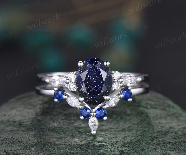Oval blue sandstone ring vintage sapphire ring solid 14k white gold marquise moissanite ring unique engagement ring bridal set women gift