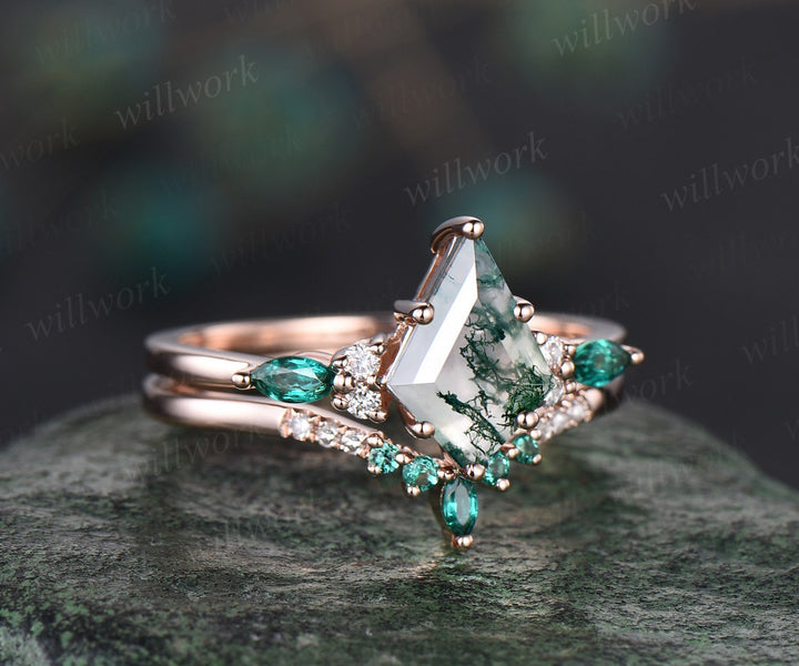 8x11mm kite green moss agate engagement ring 6 prong rose gold diamond ring marquise emerald ring vintage stacking anniversary ring set