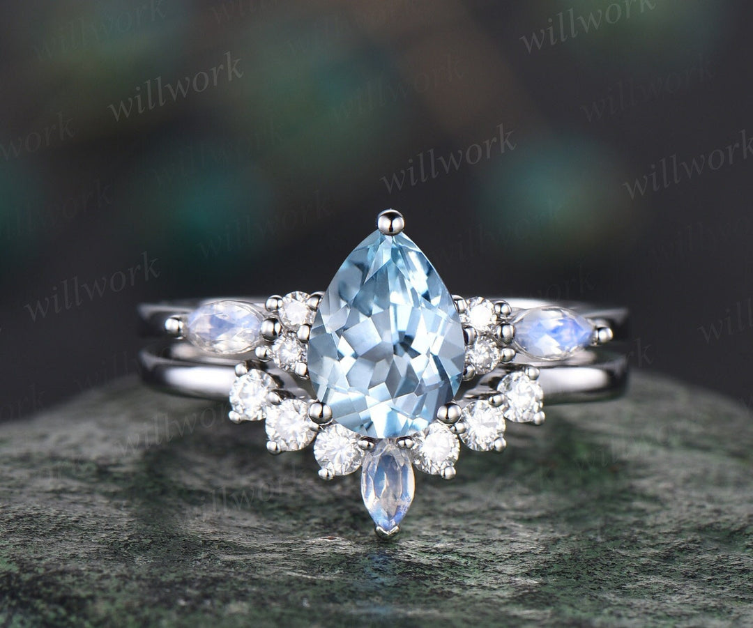 Pear Aquamarine ring vintage marquise moonstone ring solid 14k white gold bridal set unique engagement ring set women fine jewelry