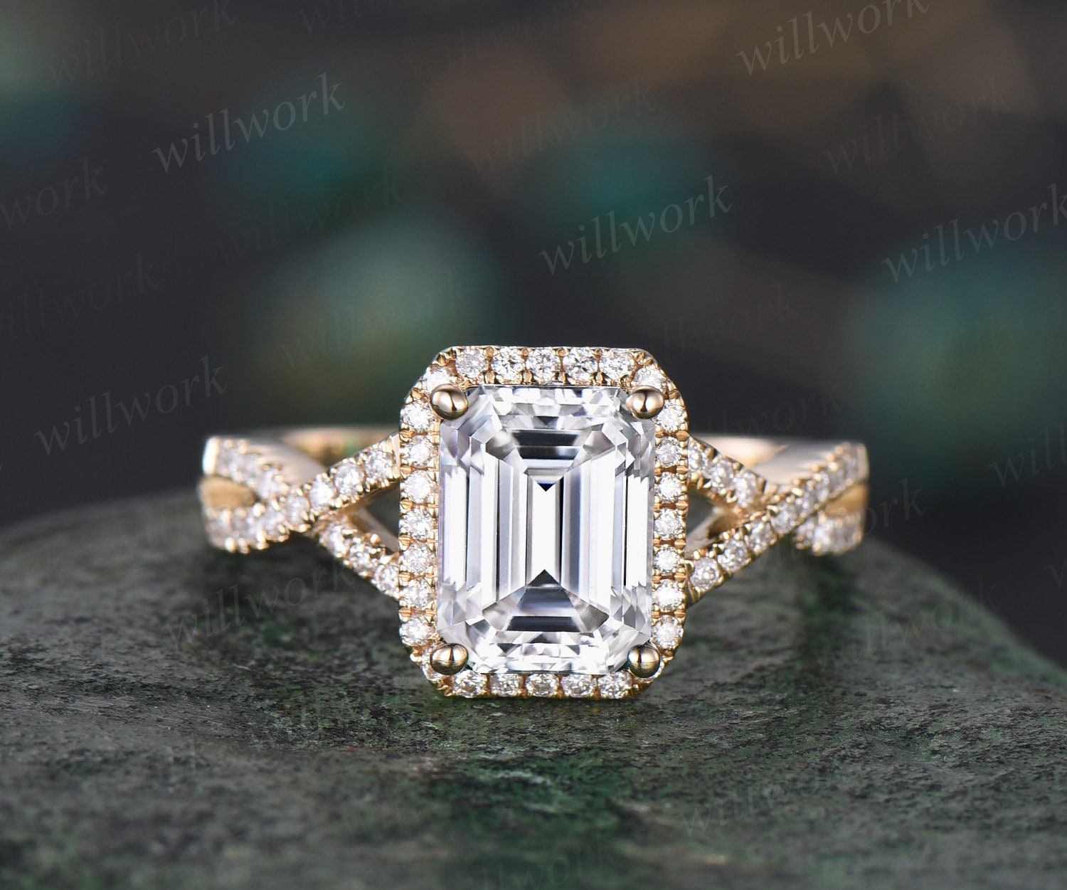 1.5 ct Emerald Cut Moissanite Engagement Ring, buy Emerald Halo Ring, Moissanite Promise Ring, 14K White Gold Wedding Ring, Sterling Silver Ring