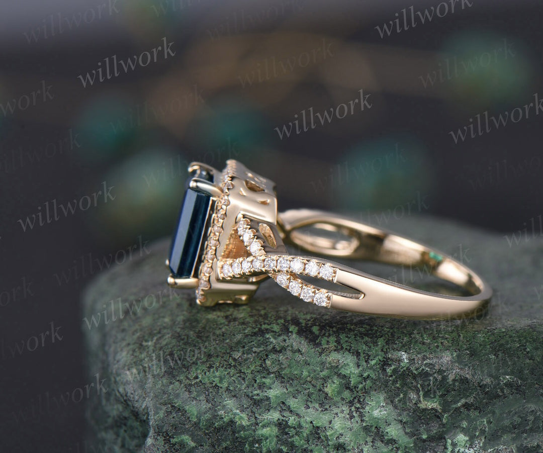 Emerald cut London blue topaz ring vintage infinity halo unique engagement ring twisted diamond ring yellow gold promise wedding ring women