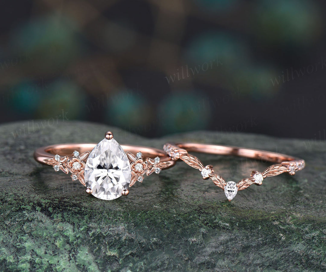 Vintage pear moissanite engagement ring rose gold leaf flower nature inspired ring women unique cluster diamond bridal wedding ring set
