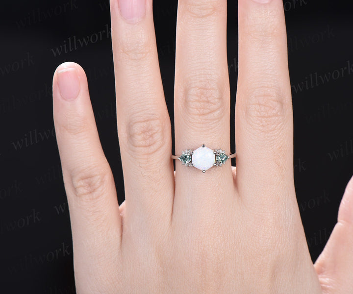 Hexagon white opal ring vintage pear moss agate ring 14k white gold 6 prong unique engagement ring women dainty anniversary ring gift
