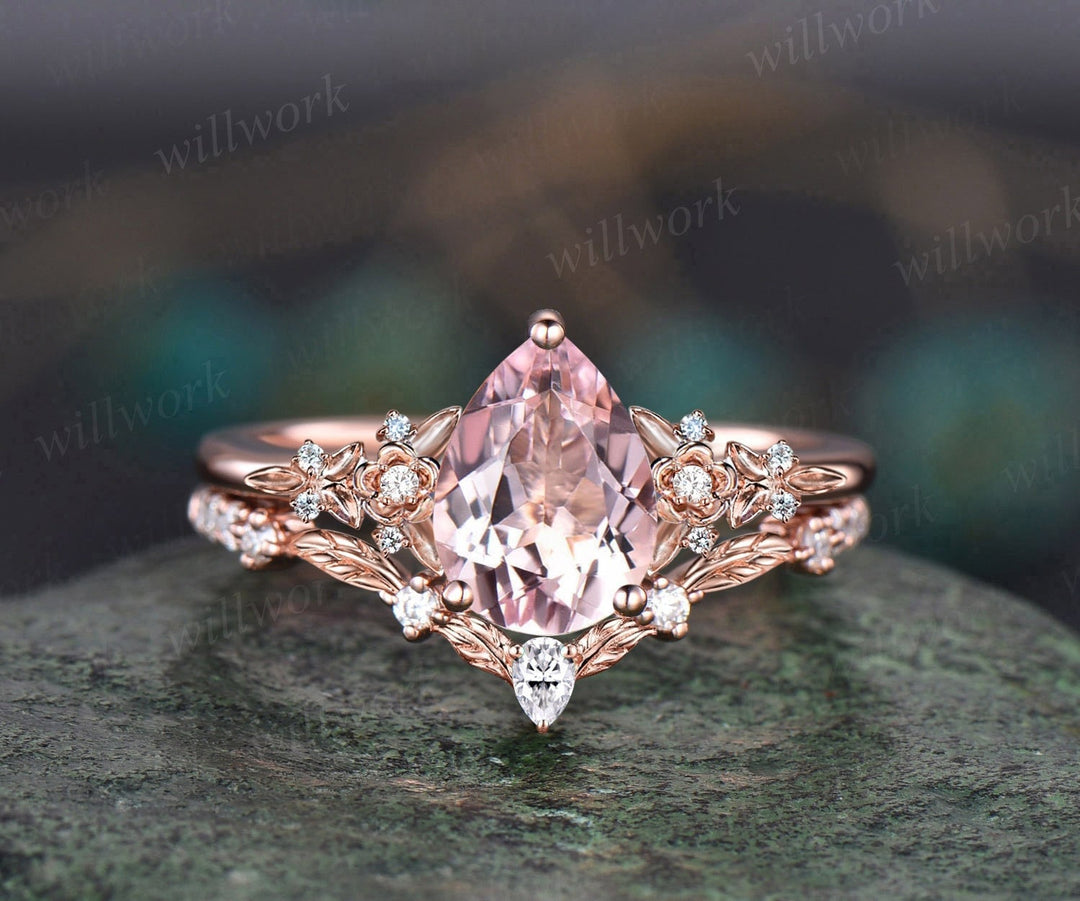 Vintage pear pink morganite engagement ring floral leaf diamond ring solid 14k  rose gold nature inspired bridal wedding ring set women