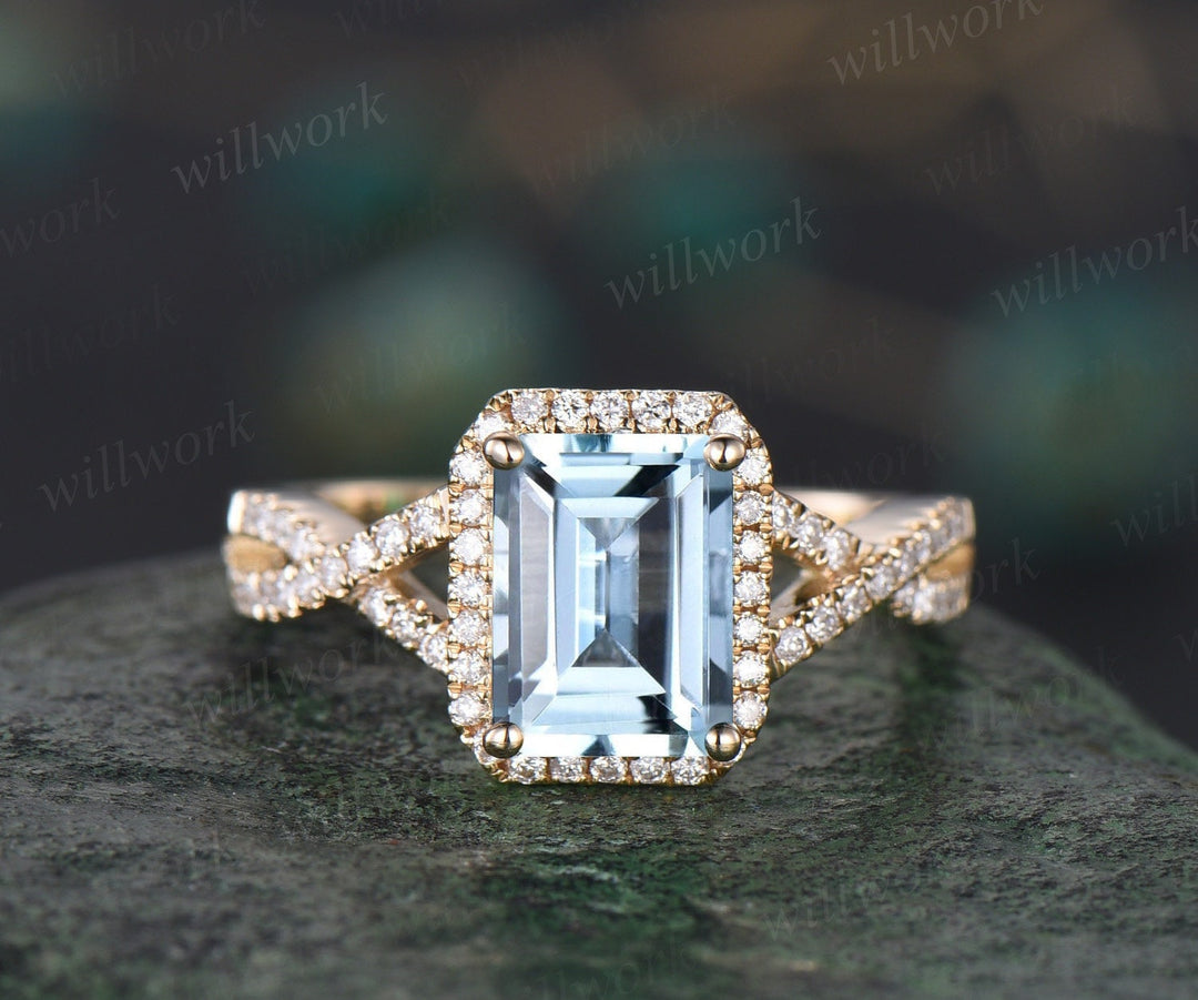 Emerald cut Aquamarine ring vintage infinity halo unique engagement ring twisted diamond ring solid yellow gold promise wedding ring women