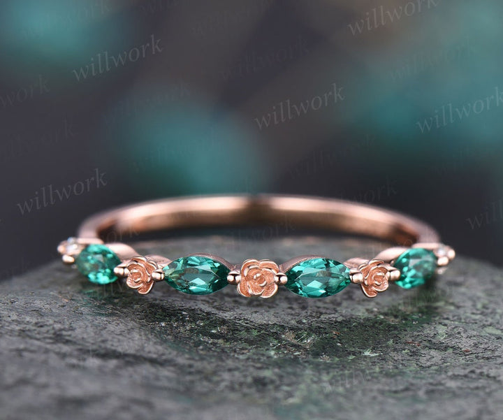 Flower marquise cut emerald wedding band solid 14k rose gold half eternity stacking wedding ring art deco bridal anniversary ring gift