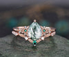 READY TO SHIP: 2PC Moss Agate Engagement Ring Set - 10k Rose Gold - Ring Size:8.5 US