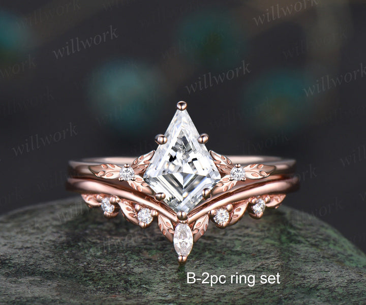 Kite cut Moissanite ring vintage leaf diamond ring unique nature inspired engagement ring women rose gold wedding bridal ring set jewelry