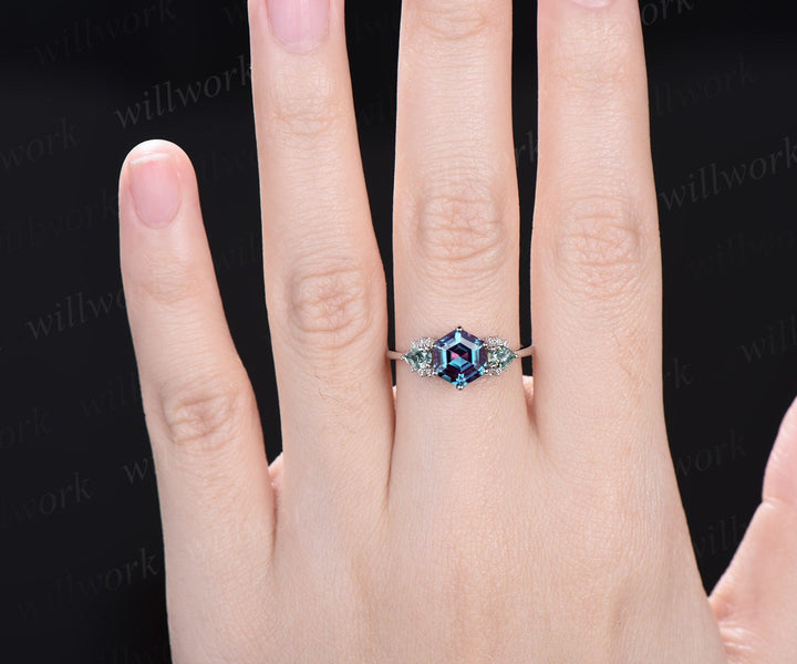 Hexagon Alexandrite ring white gold pear moss agate ring 6 prong cluster diamond ring unique engagement ring women anniversary ring gift