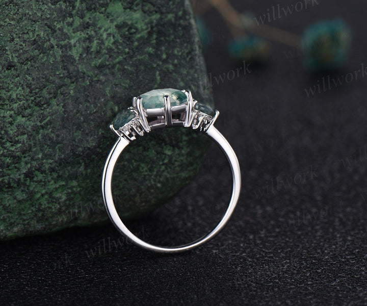 Hexagon pear green moss agate engagement ring solid 14k white gold Personalized retro cluster moissanite wedding bridal ring women