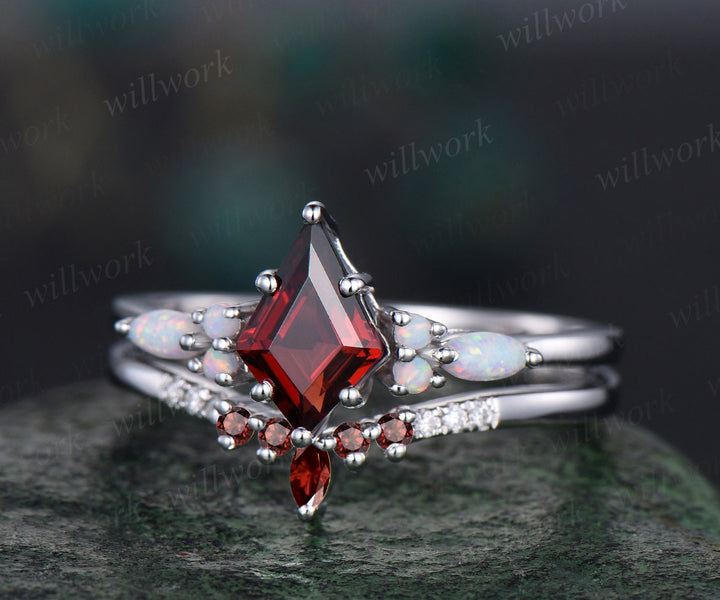 Kite red garnet ring vintage marquise opal ring 6 prong gemstone engagement ring moissanite garnet wedding band women 14k white gold silver