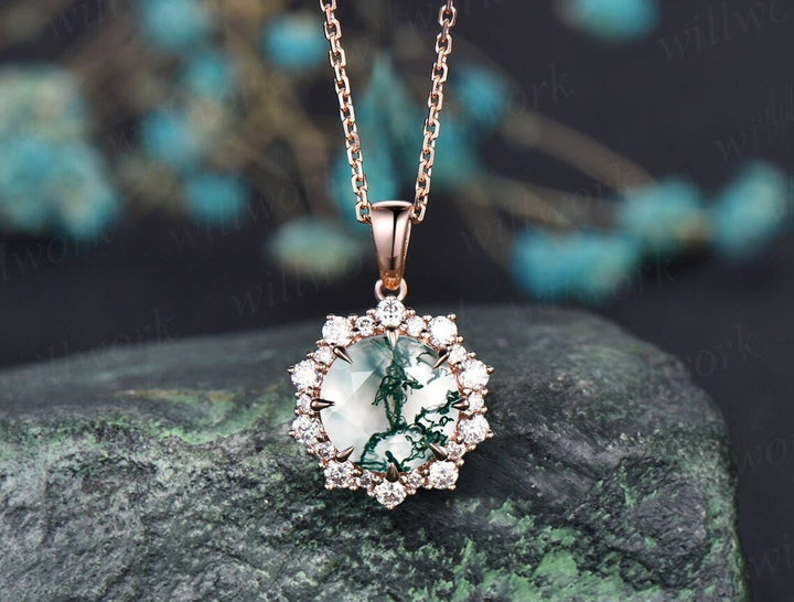 Round 2ct moss agate necklace solid 14k 18k rose gold vintage unique halo snowdrift diamond pendant for women anniversary bridal gift silver