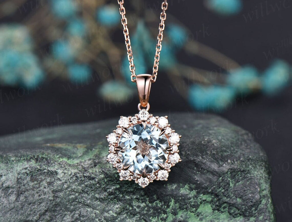 Round Aquamarine necklace vintage solid 14k 18k rose gold halo