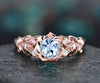 Round aquamarine ring vintage rose gold butterfly floral engagement ring retro opal moissanite Milgrain unique bridal wedding ring women