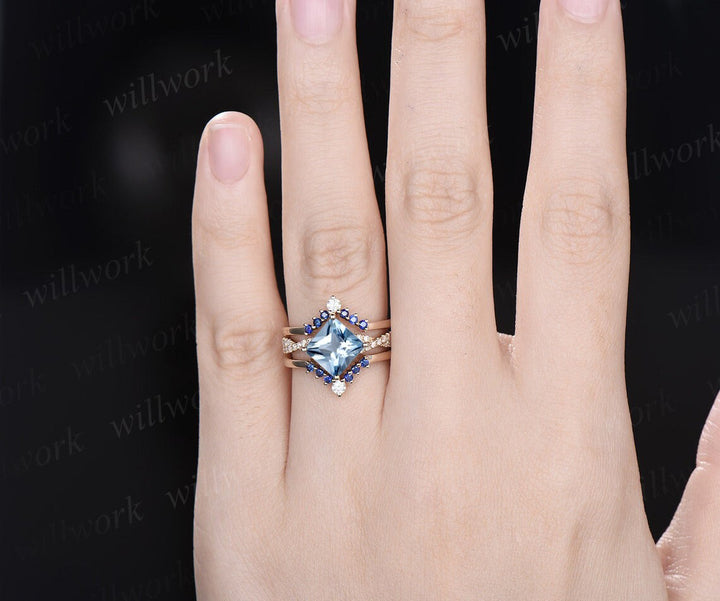 Vintage princess cut Aquamarine engagement ring solid 14k yellow gold twisted diamond ring natural sapphire bridal wedding ring set women