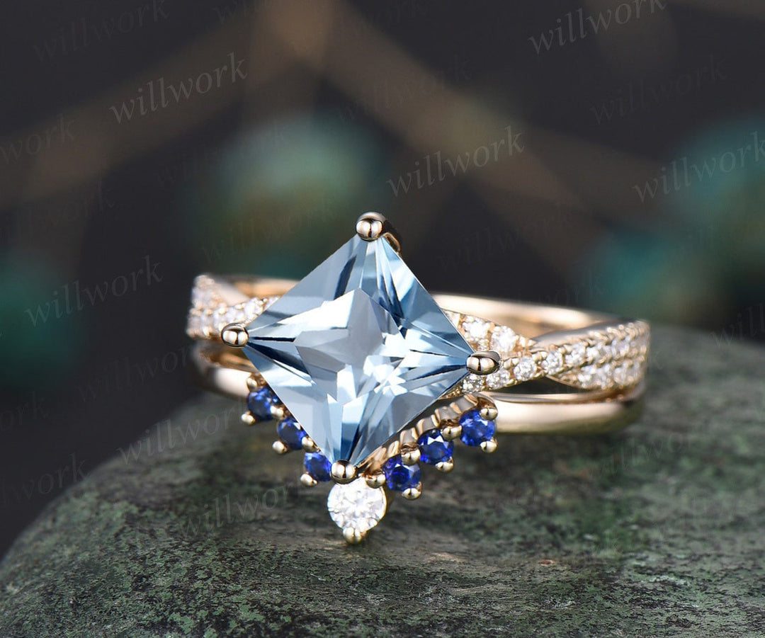 Vintage princess cut Aquamarine engagement ring solid 14k yellow gold twisted diamond ring natural sapphire bridal wedding ring set women