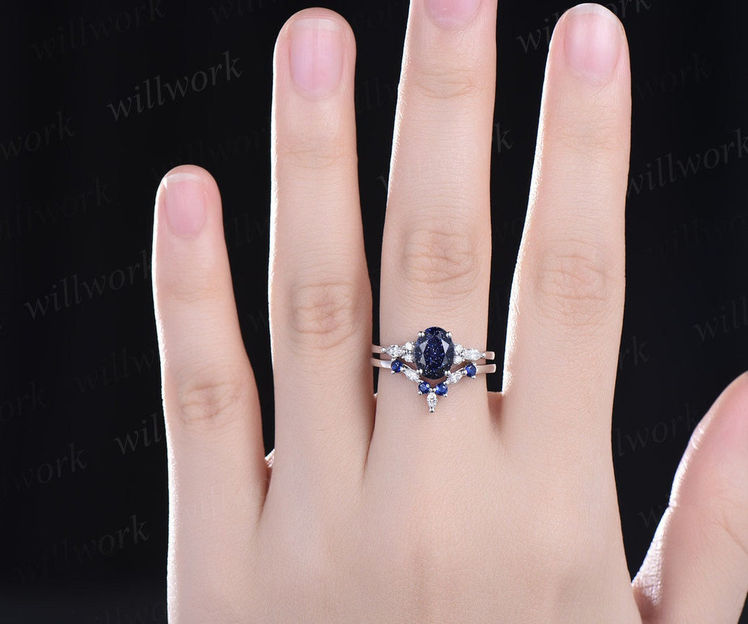 Oval blue sandstone ring vintage sapphire ring solid 14k white gold marquise moissanite ring unique engagement ring bridal set women gift