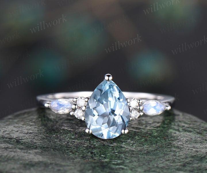 Pear Aquamarine ring vintage marquise moonstone ring solid 14k white gold bridal set unique engagement ring set women fine jewelry