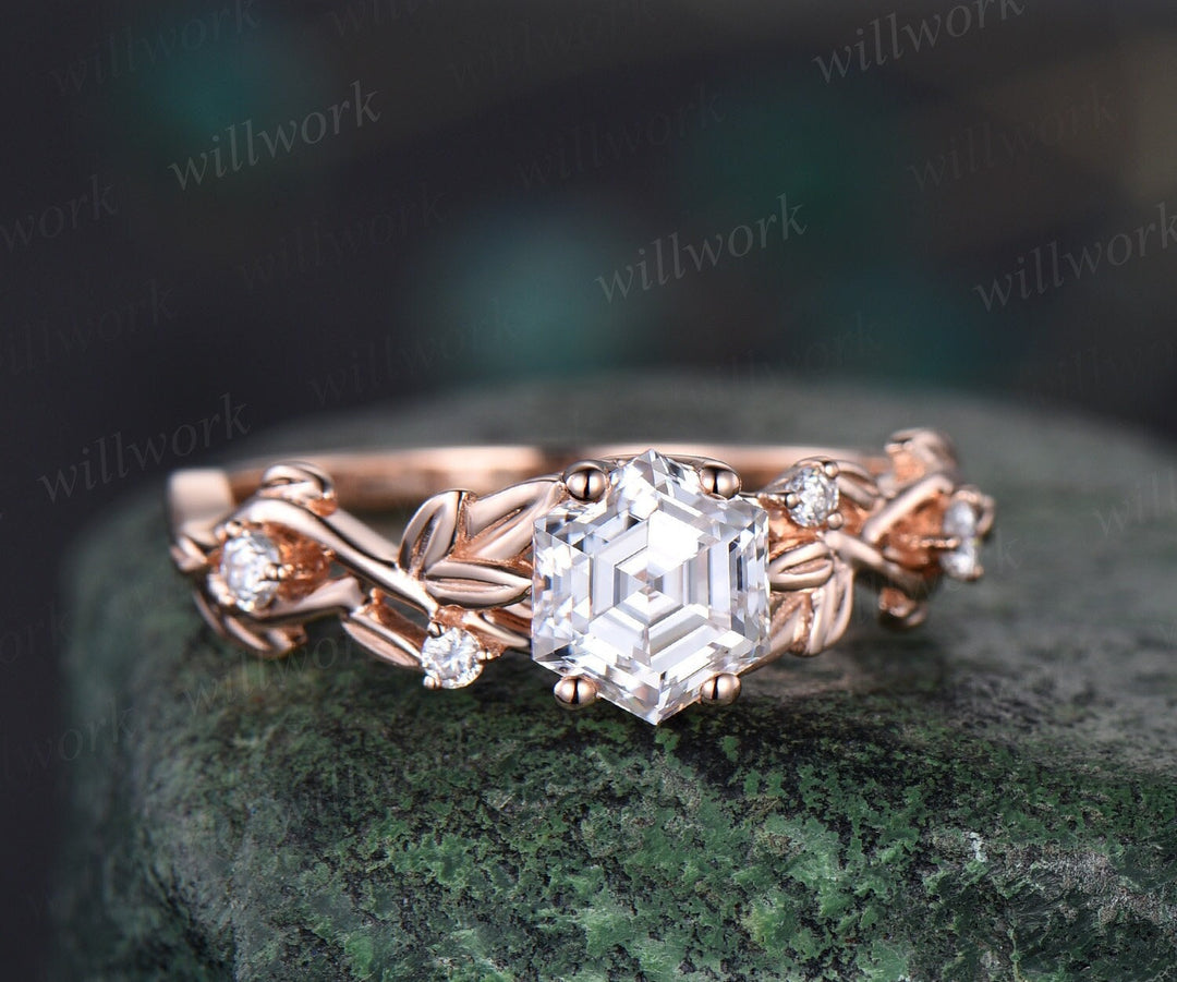Vintage hexagon cut moissanite engagement ring nature inspired leaf rose gold diamond ring retro twig Twisted promise wedding ring women