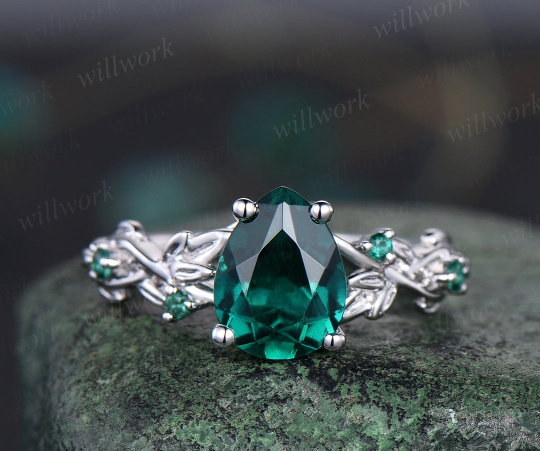 Vintage pear shaped green emerald engagement ring women art deco leaf nature inspired five stone emerald ring white gold anniversary ring