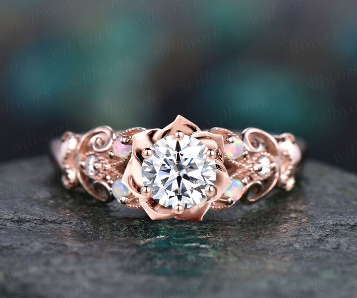 Vintage round moissanite engagement ring women rose gold art deco Milgrain butterfly floral opal ring unique wedding anniversary ring gift
