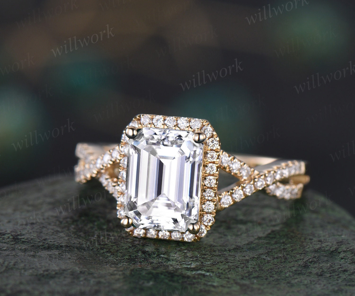 Engagement Ring Emerald Cut Halo Diamond Rose Gold 10k-14K-18K Rose Gold Unique Rings authentic Emerald Cut Halo Diamond Ring for Women Promise Ring,