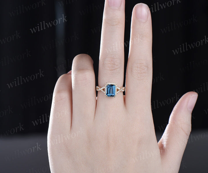 Emerald cut London blue topaz ring vintage infinity halo unique engagement ring twisted diamond ring yellow gold promise wedding ring women