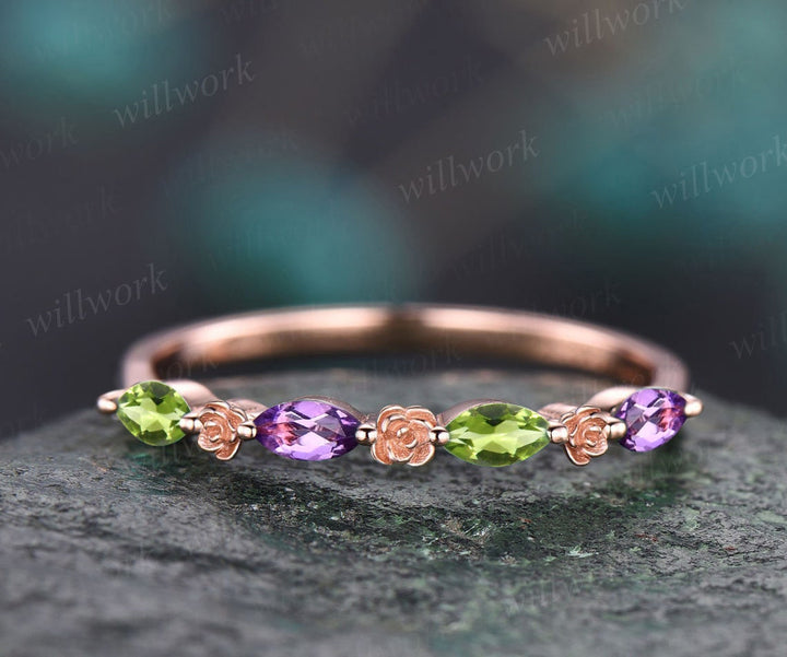 Floral marquise cut amethyst peridot wedding band solid 14k rose gold vintage half eternity crystal ring women bridal anniversary ring gift