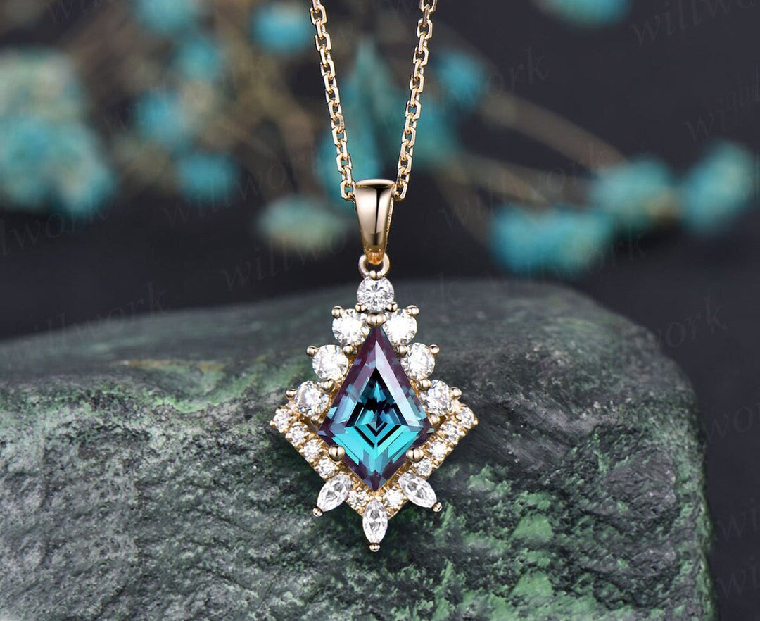 Kite Alexandrite necklace solid 14k 18k yellow gold vintage unique halo diamond  pendant for women her art deco anniversary gift mother