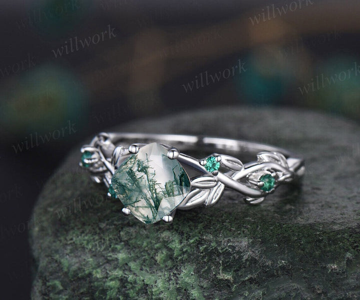 Twig cushion cut green moss agate engagement ring 14k white gold five stone emerald ring vintage retro gemstone leaf wedding ring women gift
