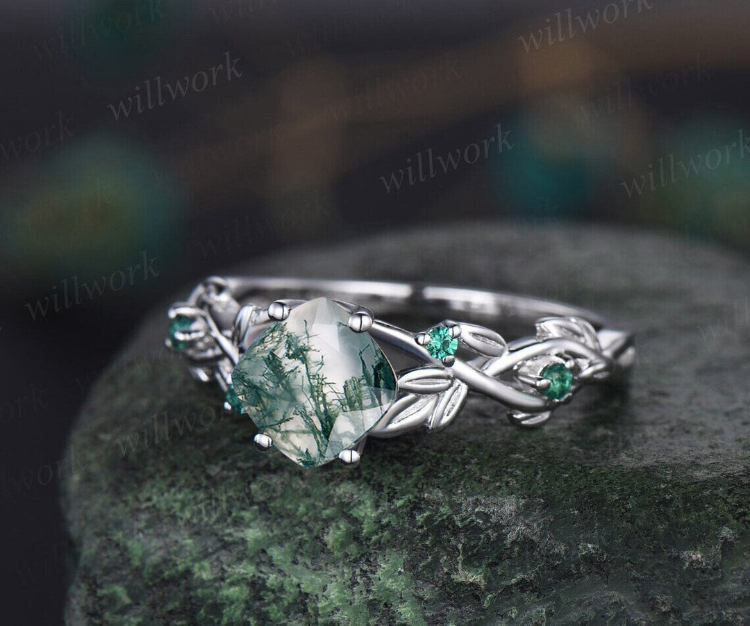 Cushion cut green moss agate ring vintage unique nature inspired engag –  WILLWORK JEWELRY