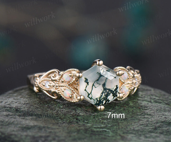 Hexagon moss agate ring vintage leaf opal ring 14k yellow gold unique butterfly engagement ring women Milgrain moissanite wedding ring gift