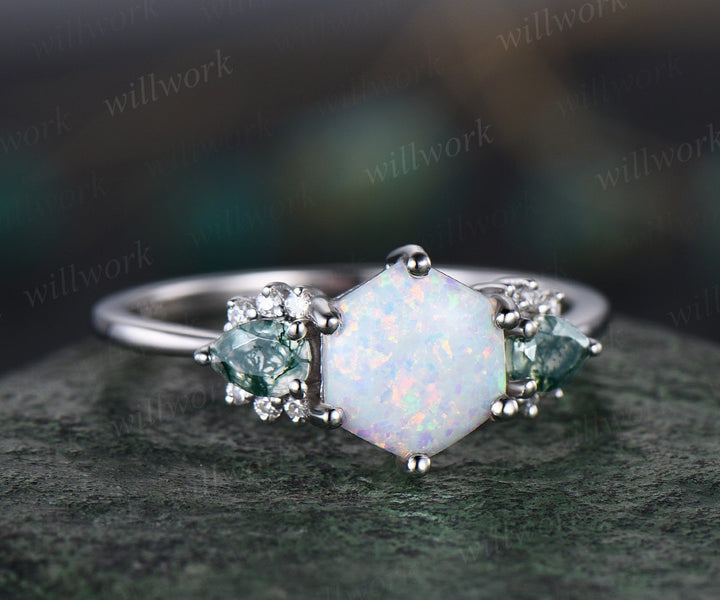 Hexagon white opal ring vintage pear moss agate ring 14k white gold 6 prong unique engagement ring women dainty anniversary ring gift