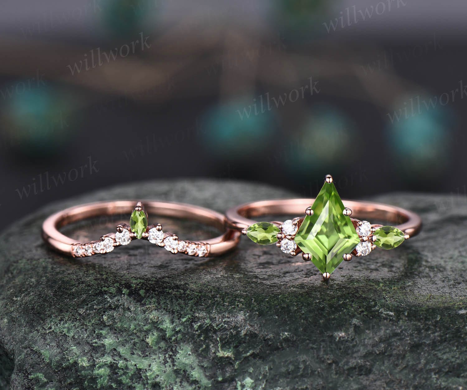 Natural peridot engagement ring set in Sterling shops Silver oval vintage wedding bridal ring sets Promise Anniversary ring set