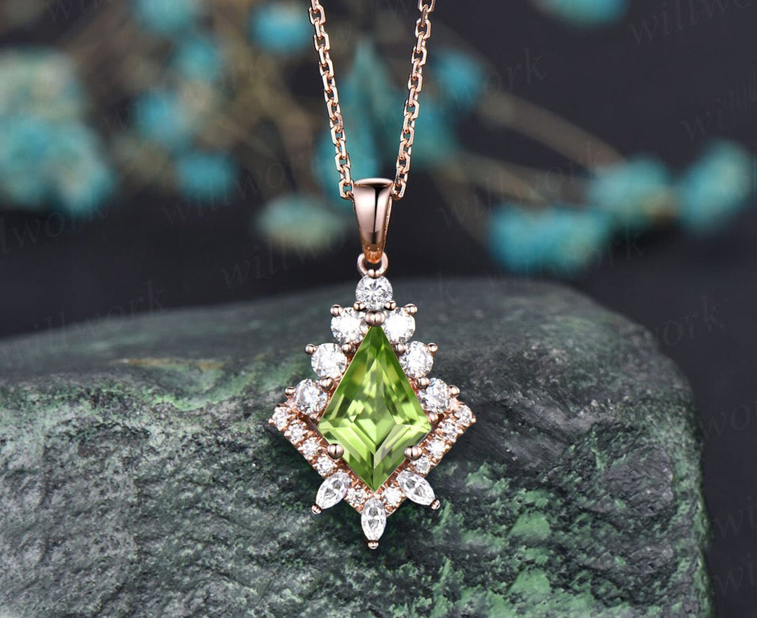 Vintage kite natural peridot necklace solid 14k 18k yellow gold unique halo diamond  pendant for women her art deco anniversary gift mother